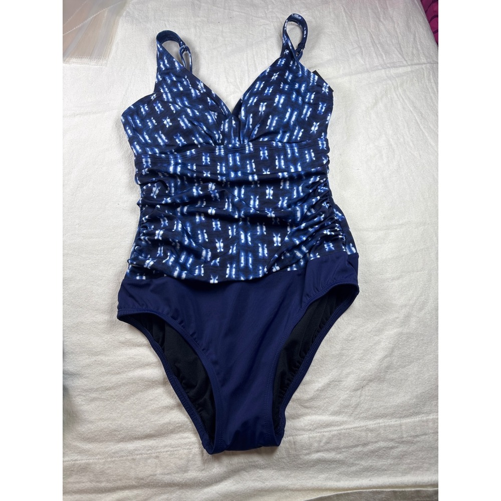 Swim Solutions Womens Navy Blue Shibori V Neck Side Shirred One Piece Swimsuit 8 - Picture 4 of 8